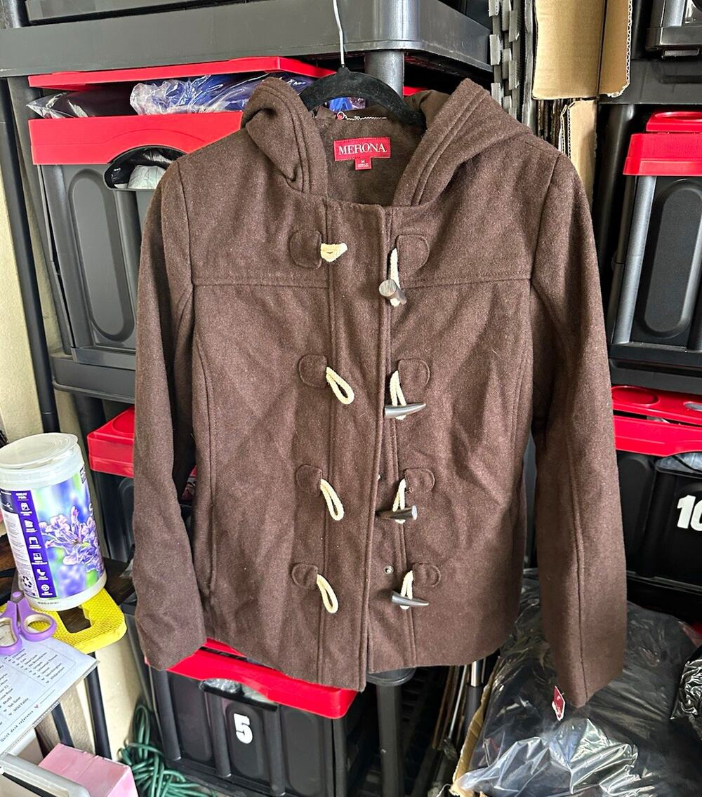 Merona Women's Brown Wool Blend Hooded Toggle Duffle Coat Pockets Size M